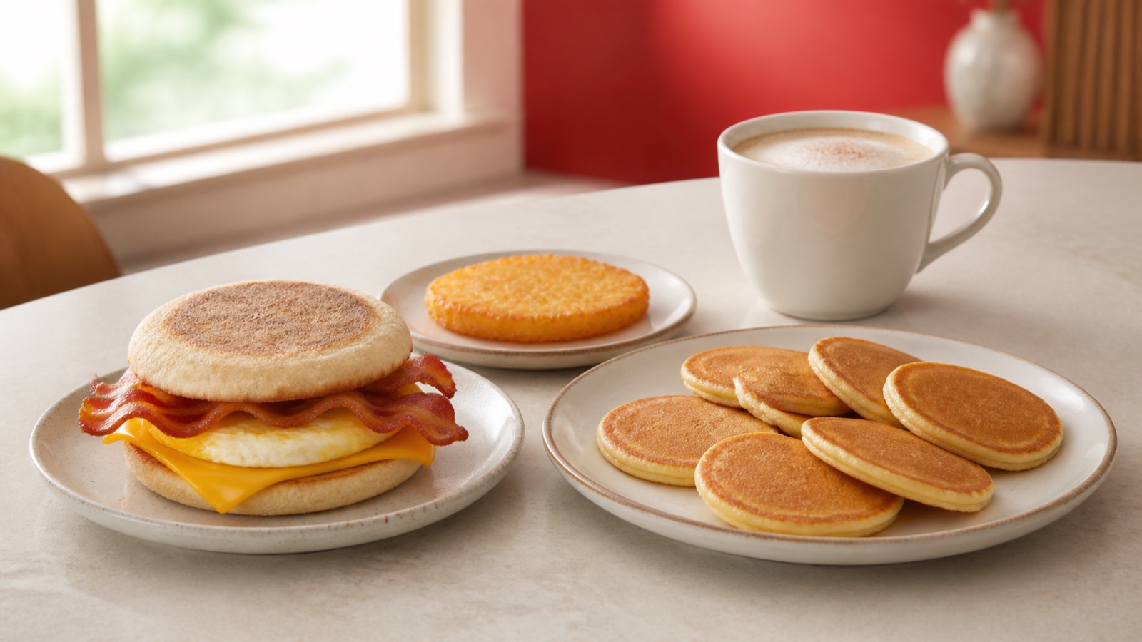Symbolbild eines Frühstücks mit Muffin-Sandwich, Pancakes und Kaffee
