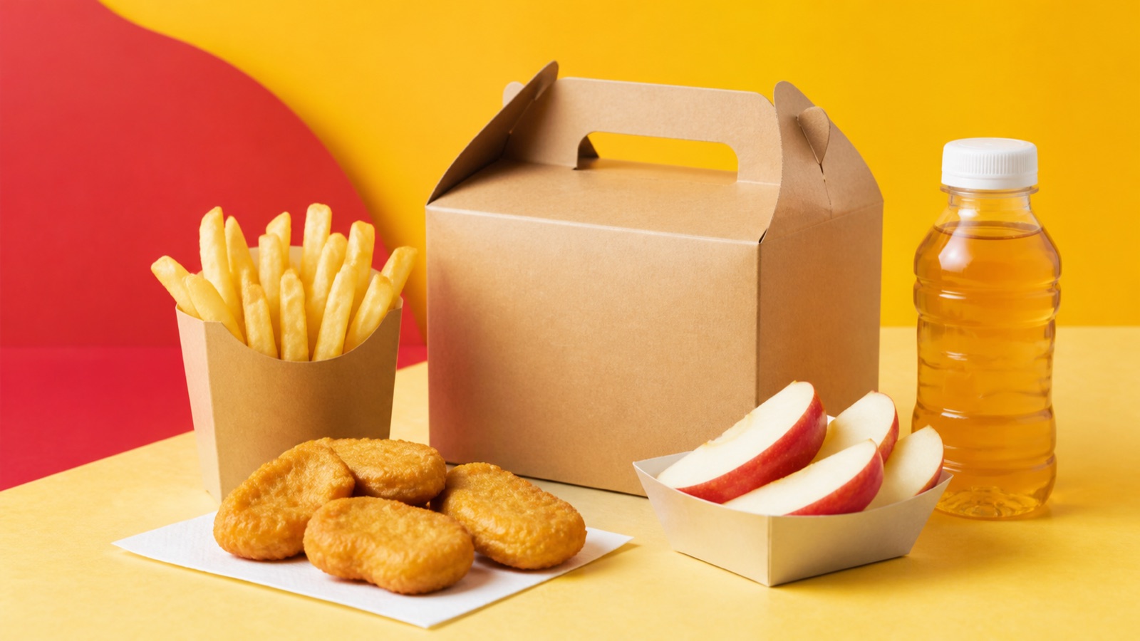 Symbolbild eines Kindermenüs mit Nuggets, Pommes, Apfel und Getränk