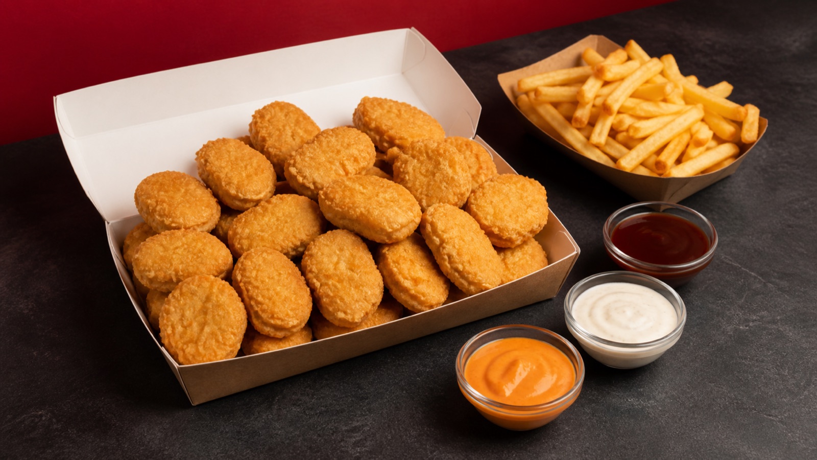 Symbolbild einer großen Nuggets-Portion mit Pommes und Dips